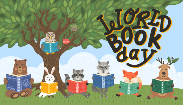 World book day. Animals read books under big tree in the forest. Owl, deer, raccoon, fox, wolf, hare and bear. Hand drawn lettering. Children illustration, literature, storytime, education concept. 