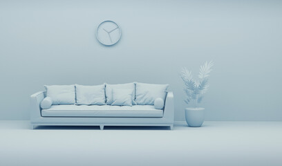 Fototapeta na wymiar Creative interior design in blue studio with plant pot, clock and armchair. Pastel blue color background. 3D rendering for web page, presentation or picture frame 