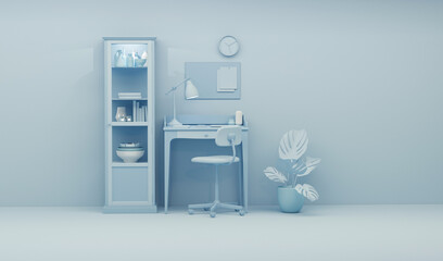 Pastel blue monochrome minimal office table desk. Minimal idea concept for study desk, clock, plant pot and workspace. Mockup template, 3d rendering
