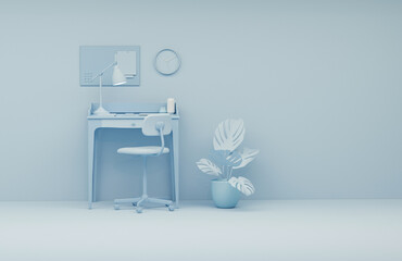 Pastel blue monochrome minimal office table desk. Minimal idea concept for study desk, clock, plant pot and workspace. Mockup template, 3d rendering

