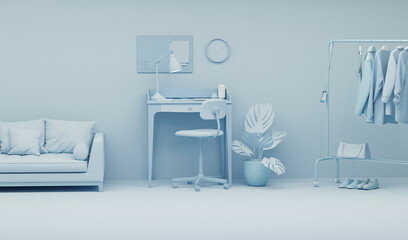Pastel blue monochrome minimal office table desk. Minimal idea concept for study desk, clock, plant pot and workspace. Mockup template, 3d rendering
