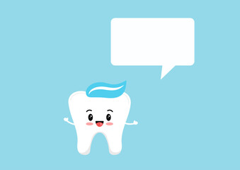 Happy tooth with toothpaste icon with speech bubble isolated on blue background. Flat cute design kawaii dental emoticon. Vector cartoon style teeth character. 
