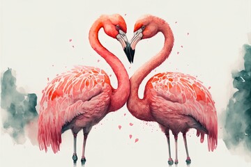 Generative AI Cute Kawaii Couple flamingos kissing Valentine's Day. love card pink flamingo in love kissing on white background. Valentine concept