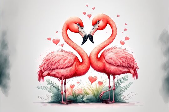 Generative AI Cute Kawaii Couple flamingos kissing Valentine's Day. love card pink flamingo in love kissing on white background. Valentine concept