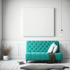 White blank canvas hanging on wall. poster mockup. Designed using generative ai.
