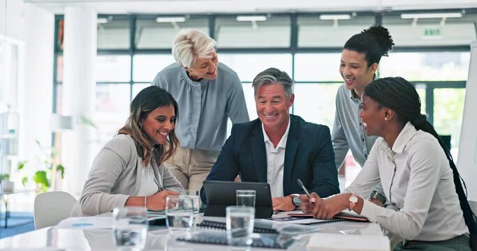 Collaboration, laptop and business people in office for idea, goal and startup, vision and online project. Meeting, team and internet search by group with teamwork, mission and strategy with ceo