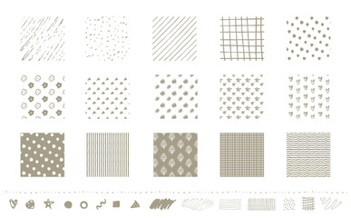 シンプルでおしゃれな北欧風てがきの模様やパターン・柄のあしらいセット_ベクター素材_グレージュ_四角_文字なし