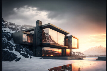 Fototapeta premium Huge design villa made of black concrete in winter landscape with mountain. Designed usinge generative ai.
