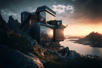 Futuristic modern design villa above a cliff by the sea. Designed using generative ai.