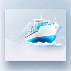 Banner of cargo ship with containers, in light blue tones. Container ships, transportation, logistics, business, worldwide shipping concept.