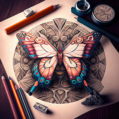 Paper Pencil Inca Fantasy Chinese Zodiac Butterfly. Generative AI