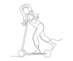 abstract woman, girl without a face, riding a scooter, hand-drawn, continuous mono line, one line art, contour drawing