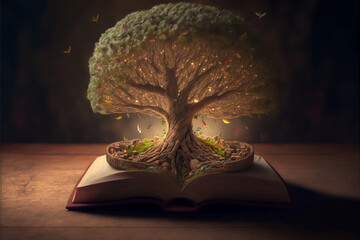 Tree of Knowledge, representing the power of sustainable education and environmental awareness. Learning ecosystem. The importance of knowledge and its ability to create a better world. - obrazy, fototapety, plakaty