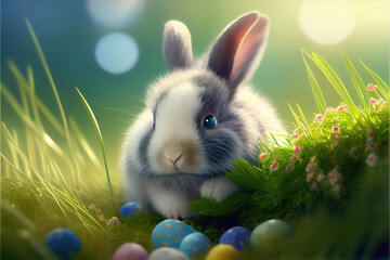Cute Fluffy Bunny In Soft Lush Grass. Generative AI