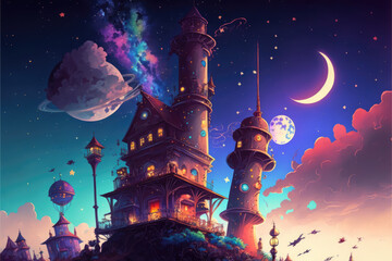Landscape with castle and moon art illustration. Generative AI