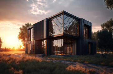 Fototapeta na wymiar Huge modern design house with black facade in the nature. Warm colors. Designed using generative ai. 