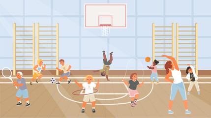 Cartoon kids at school sport gym vector
