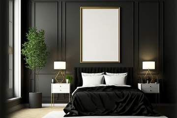 blank Mockup frame in modern simple black bedroom