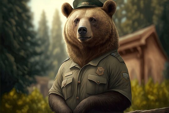 A bear in a park rangers uniform looking proud. Generative AI