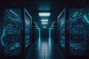 A computer network or server room with glowing light. Generative AI