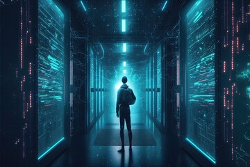 A computer network or server room with a person. Generative AI