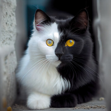 Black and white cat with yellow eyes. Generative AI