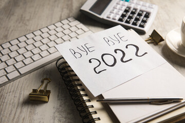 Bye bye 2022 inscription on desktop stickers.