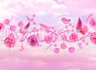 pink flowers and molecule on pink background