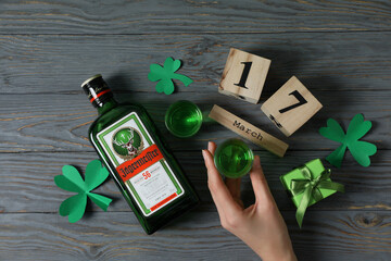 26.01. 2022, Odessa, Ukraine: Concept of St. Patrick's Day with Jagermeister
