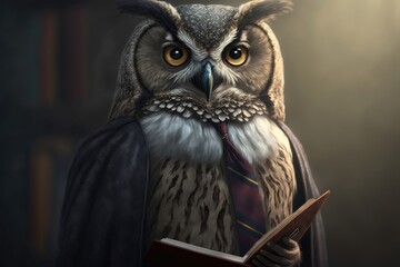 A owl in a porfessors coat. Generative AI