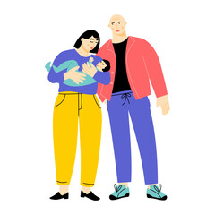 Parents with their baby.  Young traditional family. Mother holding her infant kid. Happy motherhood and parenthood. Vector flat illustration