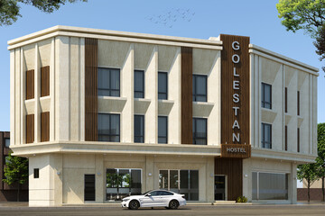 Rendering of a commercial-residential Complex with a Roman facade in a pleasant