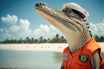 An alligator in a lifeguards outfit looking alert