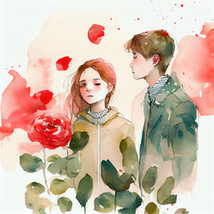 Couple with Roses. Watercolor paint art. Generative Ai