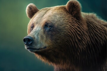 Portrait of a bear with a calm, blur green background. Generative AI