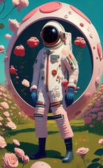 An astronaut in a rose garden on a spring day