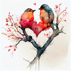 Two Birds in love on a Branch. Watercolor paint art. Generative Ai