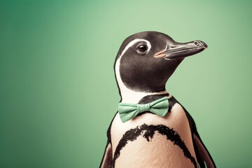 A penguin wearing a bow tie, green studio background. Generative AI - obrazy, fototapety, plakaty