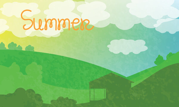Rural landscape with sunny summer day .Flat vector illustration.  Hand drawn illustration