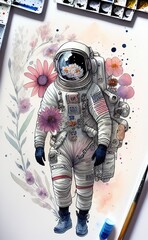 Floral Astronaut hand-drawn watercolor, muted tones, flowers everywhere