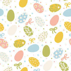 Vector seamless simple drawing with painted decorated eggs, bows and dots. Easter holiday white background for printing on fabric and paper, scrapbooking paper, gift wrapping and wallpaper.