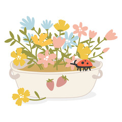 A bouquet of flowers in a white basin with strawberries. Cute spring flat hand-drawn vector illustration in cartoon style, isolated on a white background. Use for printing on a T-shirt, a postcard