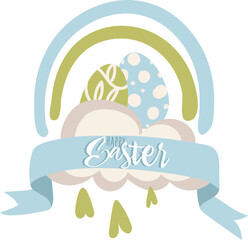 Fototapeta premium Easter postcard with Easter eggs with a rainbow on a cloud and a ribbon with text. Holiday covers, posters, banners, greeting cards. Cartoon flat vector illustration isolated on white background