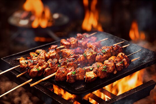 Grilling Chicken Meat Shashlik On Metal Skewers. Generative AI