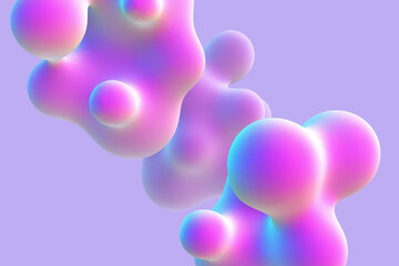 3D abstract liquid bubbles on purple background. Concept of future science: floating morphing spheres, molecular elements or nanoparticles. Fluid pink shapes in motion EPS 10, vector illustration. - 566164932