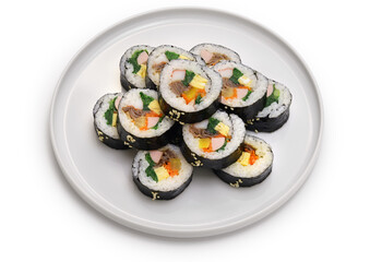 Gimbap is a Korean food consisting of rice and several ingredients seasoned with sesame oil and wrapped in nori seaweed.
