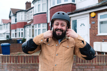 Happy man adjusting helmet outside building