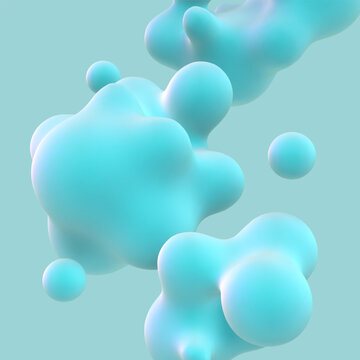 3D abstract liquid bubbles on blue background. Concept of future science: floating spheres, organic shapes or nano particles. Fluid bright blue shapes in motion EPS 10, vector illustration.