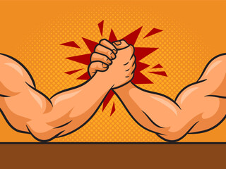 Arm wrestler hands pinup pop art retro vector illustration. Comic book style imitation.