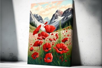 Natural flower painting landscape impressionism with the alpine meadows filled with red wildflower poppies in the mountains art